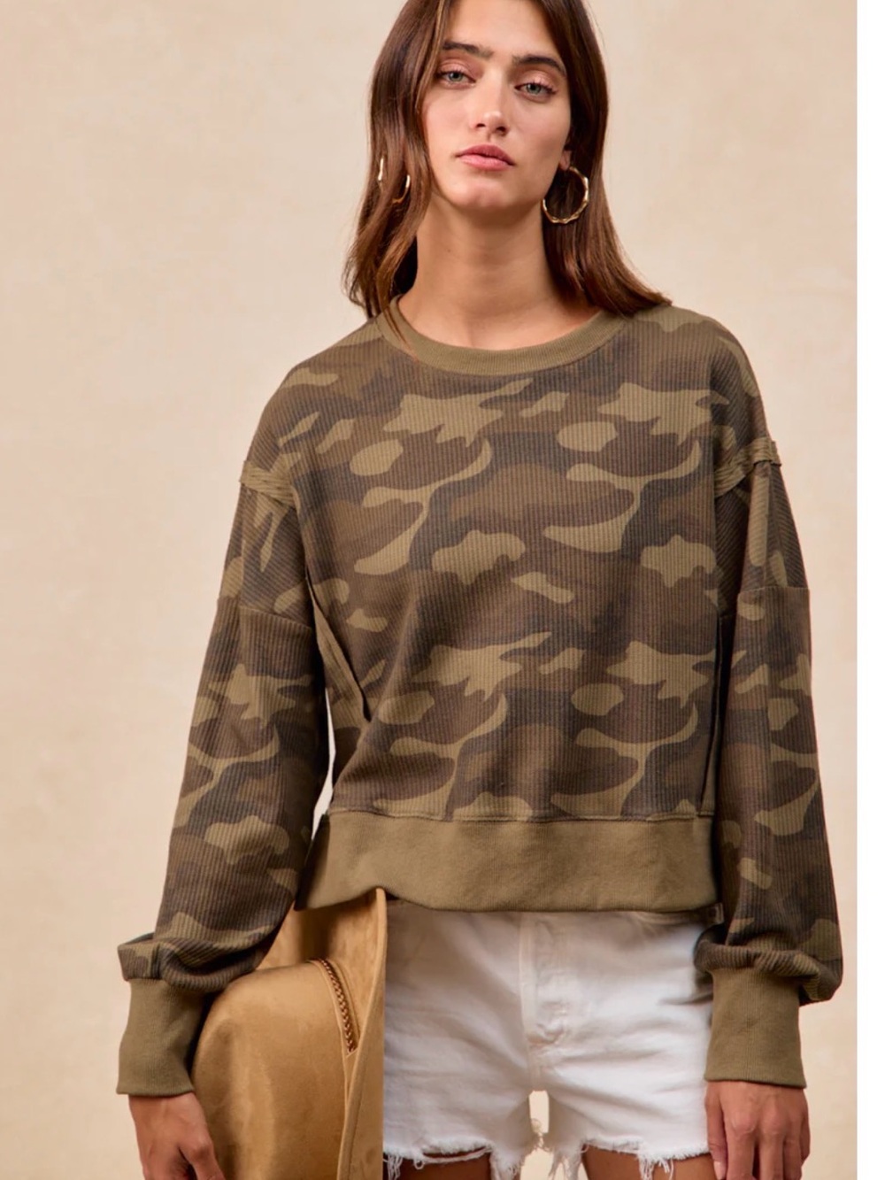 Camo Waffle Knit Pullover Sweatshirt